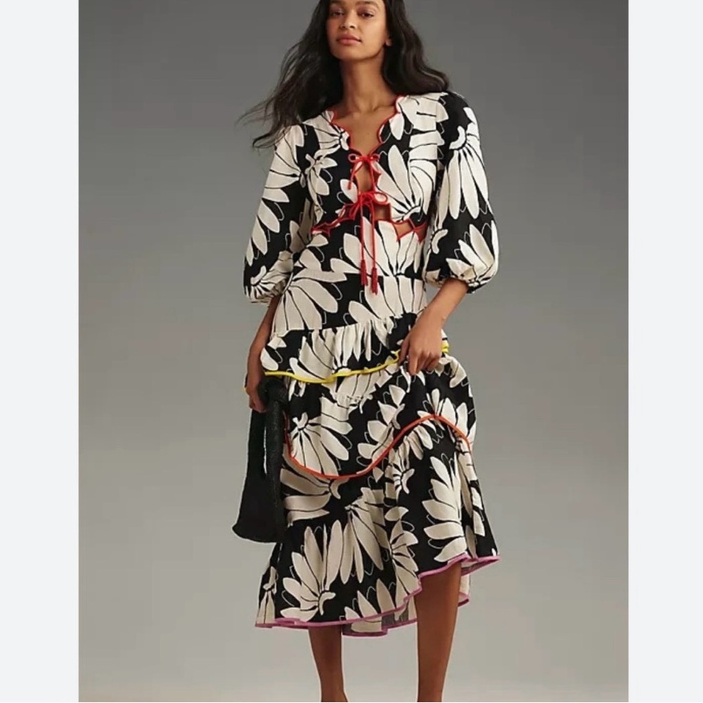 FARM RIO Black / White Floral Midi Dress with Red and Yellow Trim Ruffle Accents